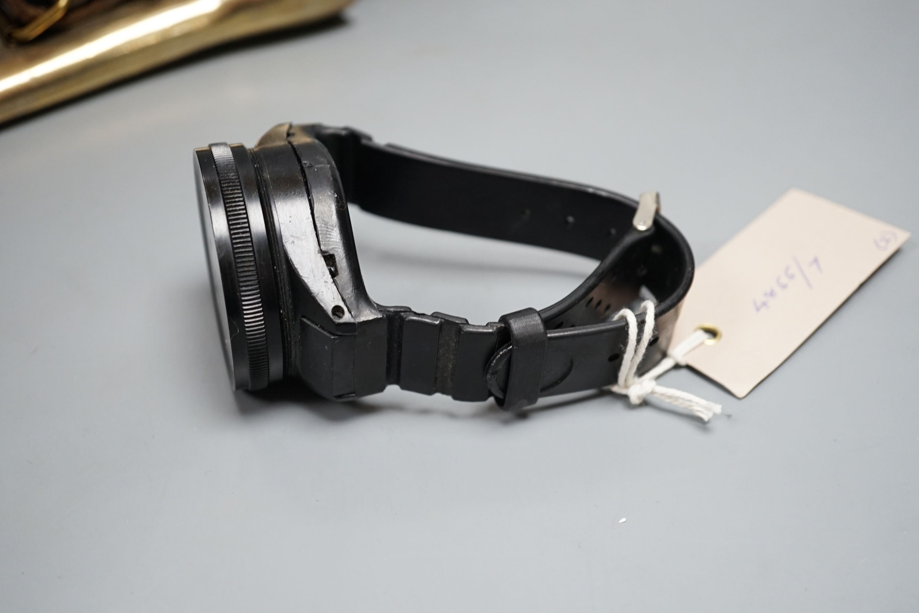 A Russian diver's knife, Spirotechnique diver's wristwatch, Knife 32 cms long.